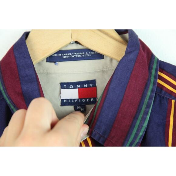 Tommy Hilfiger Mens Medium Button Down Oversize Stripe Embroidered Crest Hip Hop - Picture 7 of 9